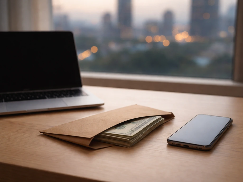 Minimal photo of a shadowed desk with a smartphone and cash envelope, symbolizing estimated net worth analysis.
