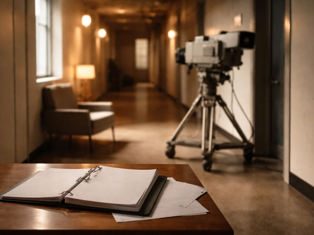 Grainy film studio desk with a script page and a vintage TV camera beside it, suggesting an actor’s career