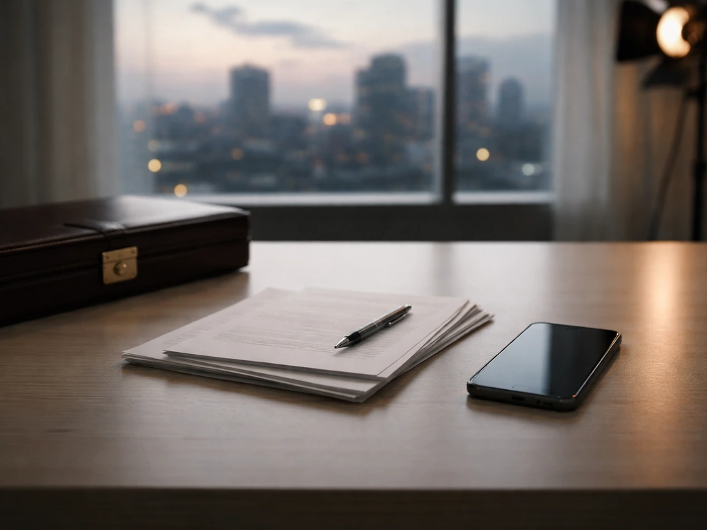 Minimal studio desk scene with a smartphone, briefcase, and soft city backdrop suggesting career earnings and residuals