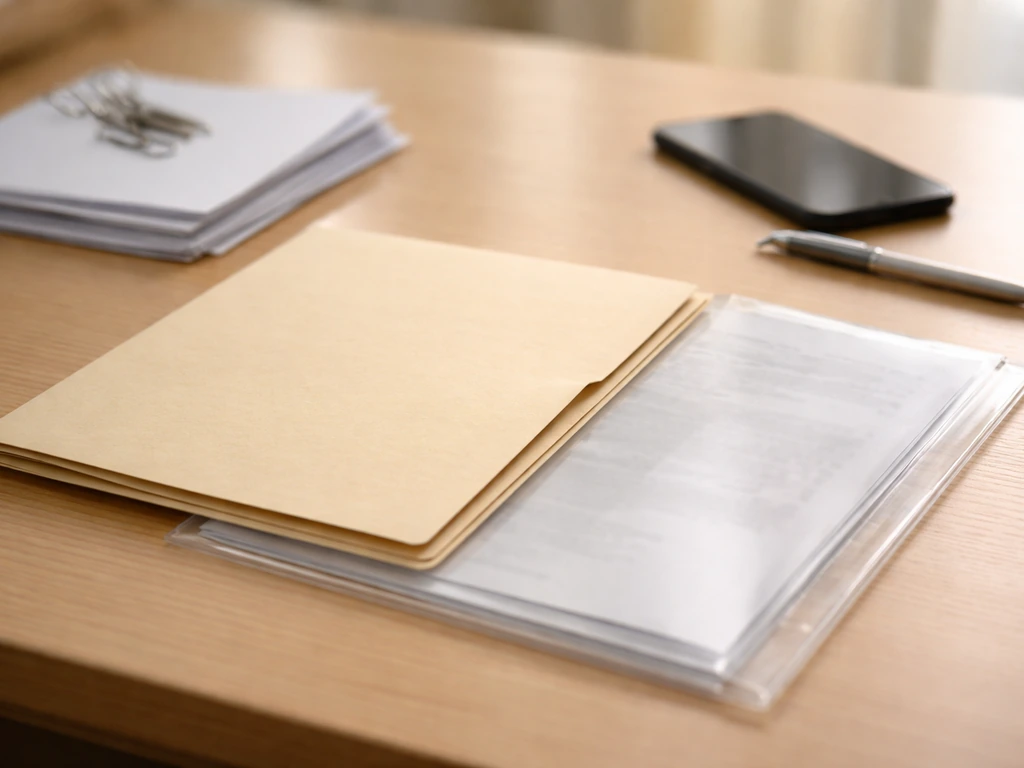 Minimal office desk with a folder and smartphone showing generic verification cues, symbolizing net-worth claim checking