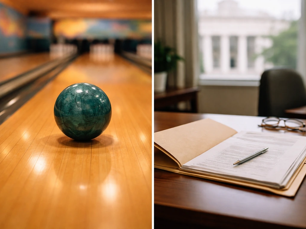 Split image: bowling ball in an arena on the left and official-looking papers on a desk on the right.