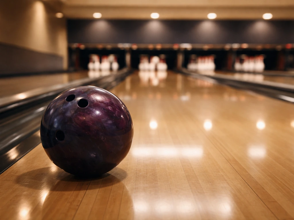 Bowling ball on a lane with blurred pins in the background, warm alley lighting, no identifiable people.