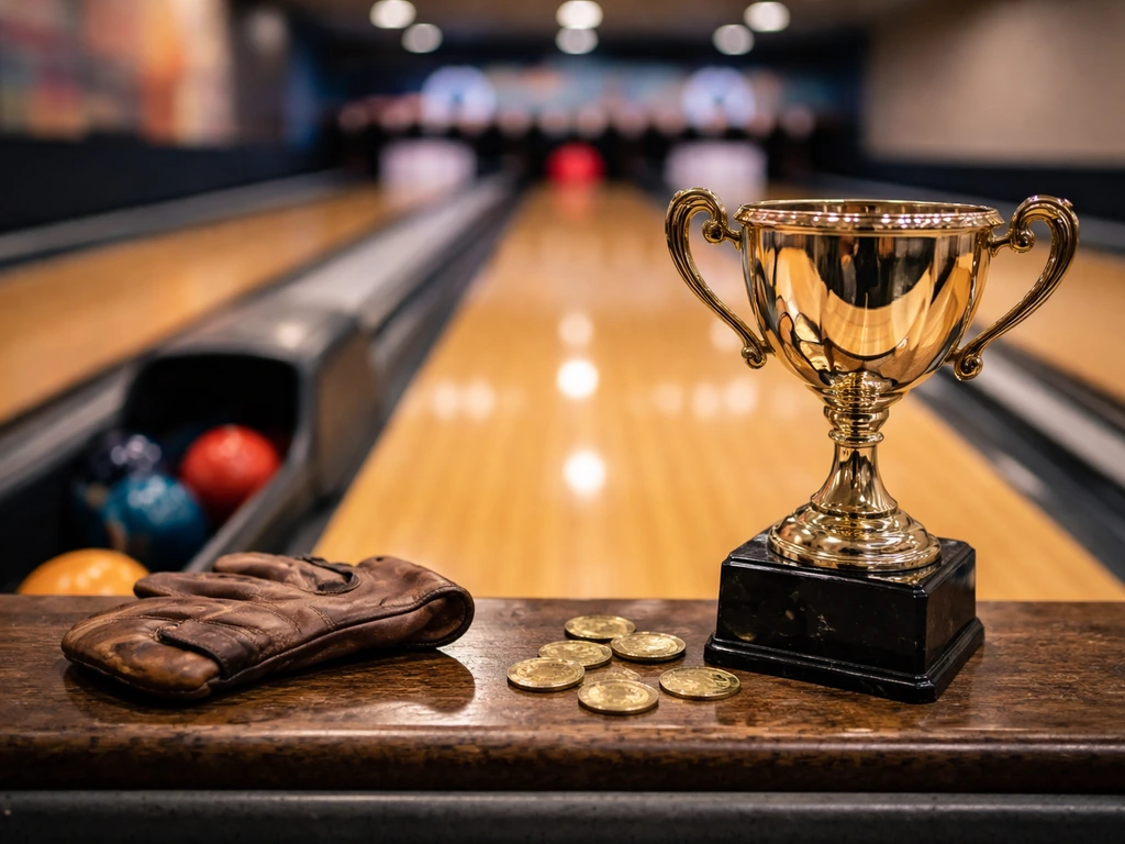 Bowling lane with trophy cup and scattered coins, suggesting prize-money income streams.