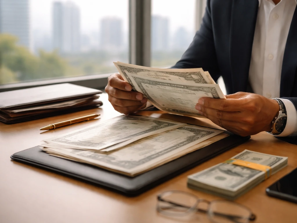 Anonymous hands reviewing stock certificates and business documents in a bright office.