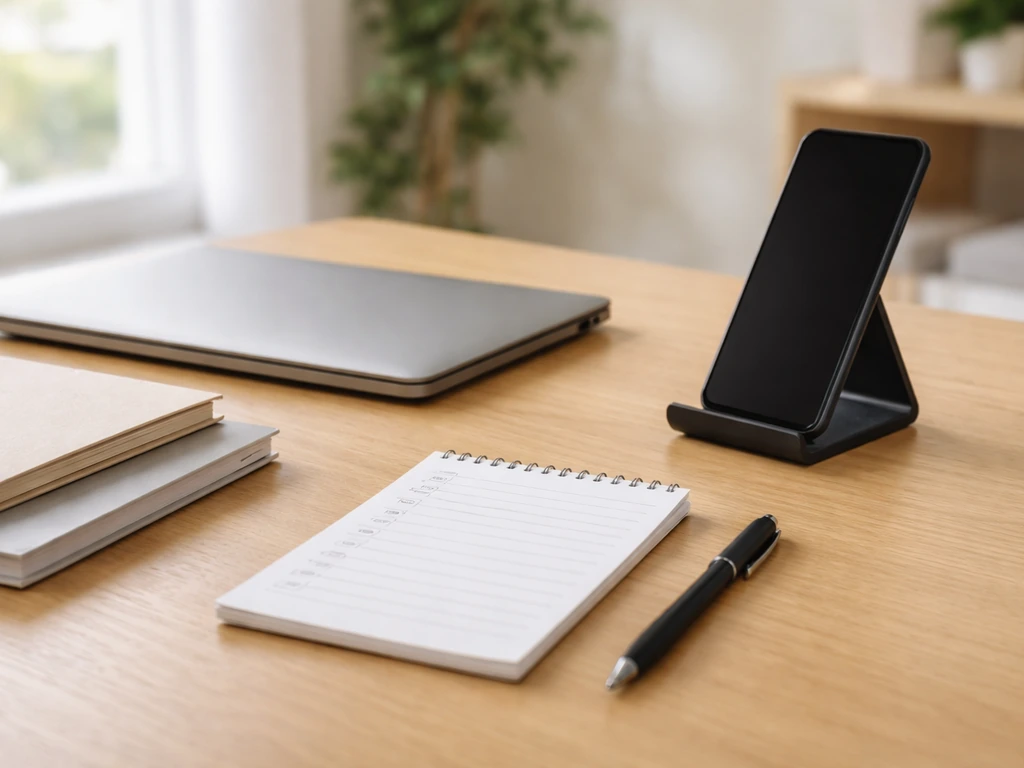 Anonymous desk with laptop, phone, documents, and blank checklist notes for verifying public figures’ earnings.