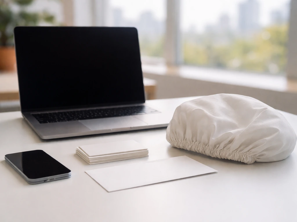 Minimal desk scene with laptop, travel envelope, and a plain shower-cap accessory in morning light.