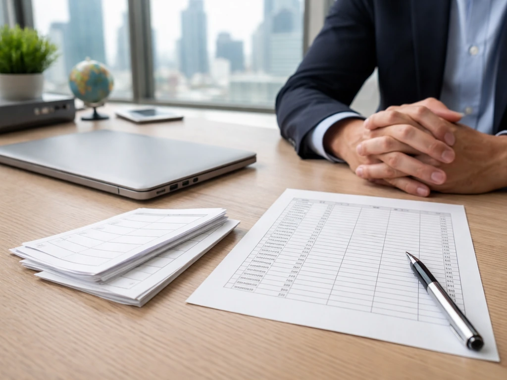 Anonymous executive hands beside blank pay stubs and an unmarked spreadsheet in a modern travel-tech office.