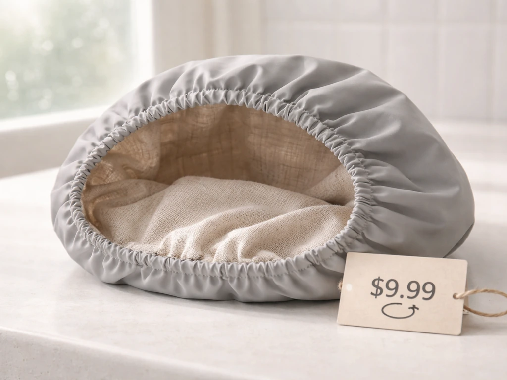 Close-up of a linen-lined shower cap beside a $9.99 price tag and a simple replacement-cycle symbol.