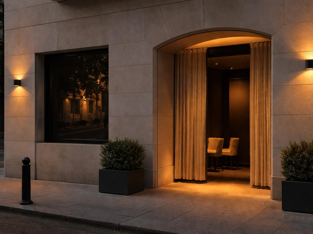Exterior entrance of a high-end restaurant in Madrid at golden hour, quiet sidewalk and warm reflections.