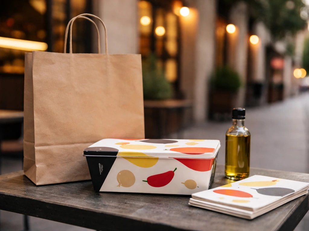 Takeaway food and a chef-style product tie-in set on a street table at dusk, no people visible.
