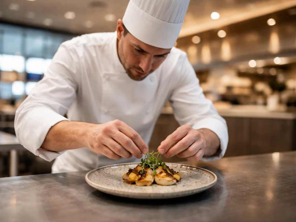 Travel dining concept at an airport: chef in a sleek food prep area beside a modern service counter