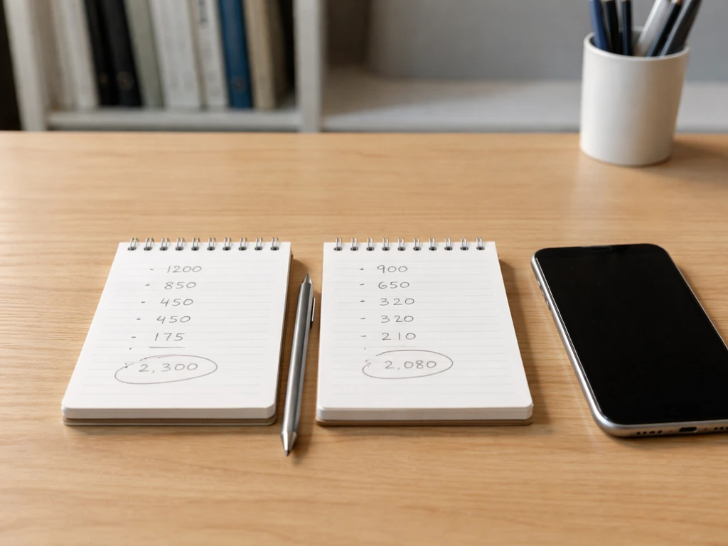 Minimal photo of two notepads with handwritten numbers, symbolizing side-by-side net worth estimate comparison