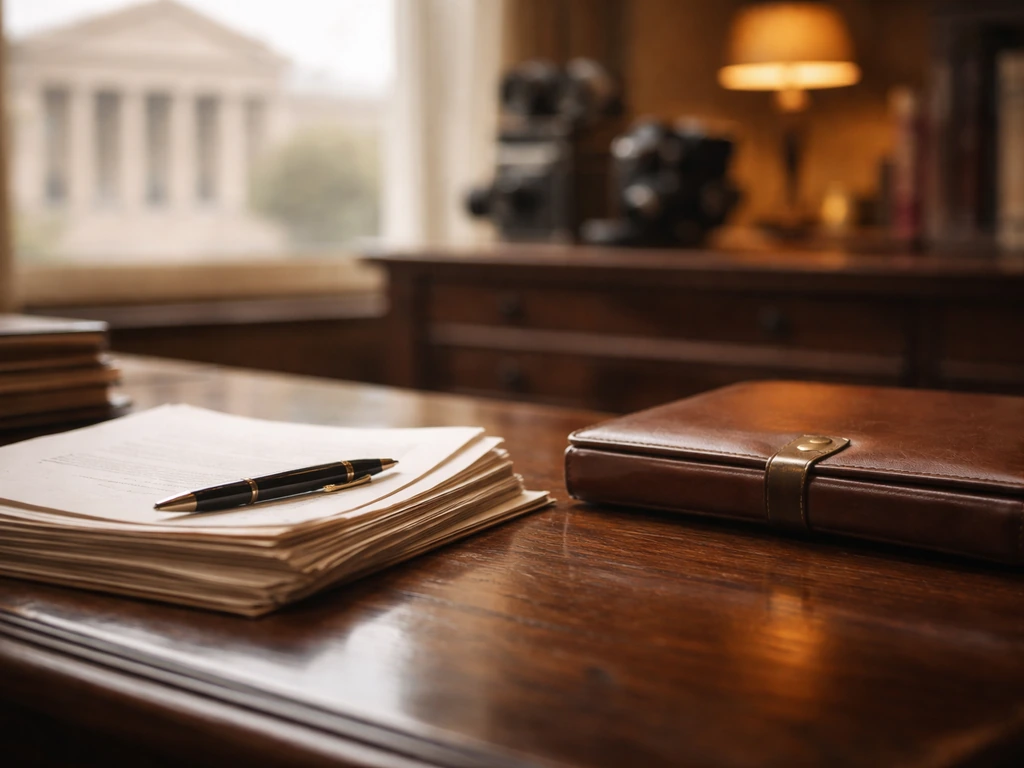 Vintage office desk with papers, a fountain pen, and blurred courthouse-like background suggesting wealth verification.