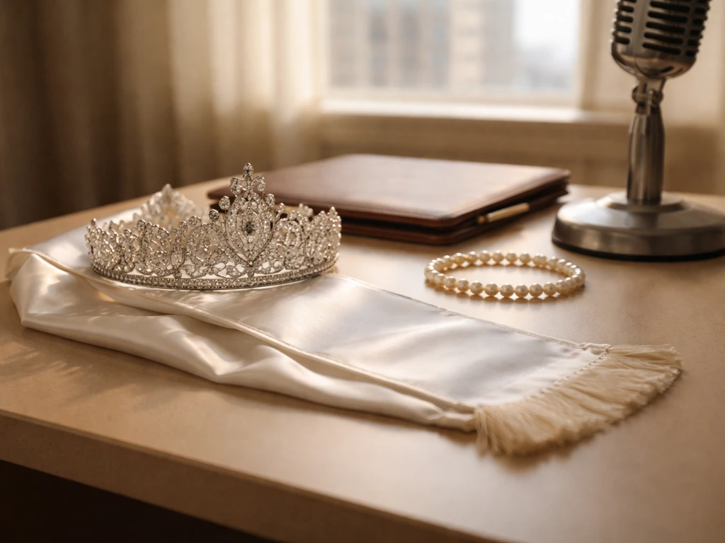 Vintage tiara and sash beside a portfolio and microphone base, symbolizing beauty pageants and media presence.