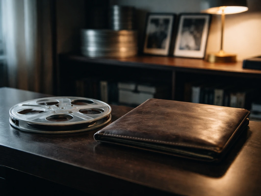 Dim media office with vintage reel-to-reel tape and framed film stills suggesting entertainment executive wealth.
