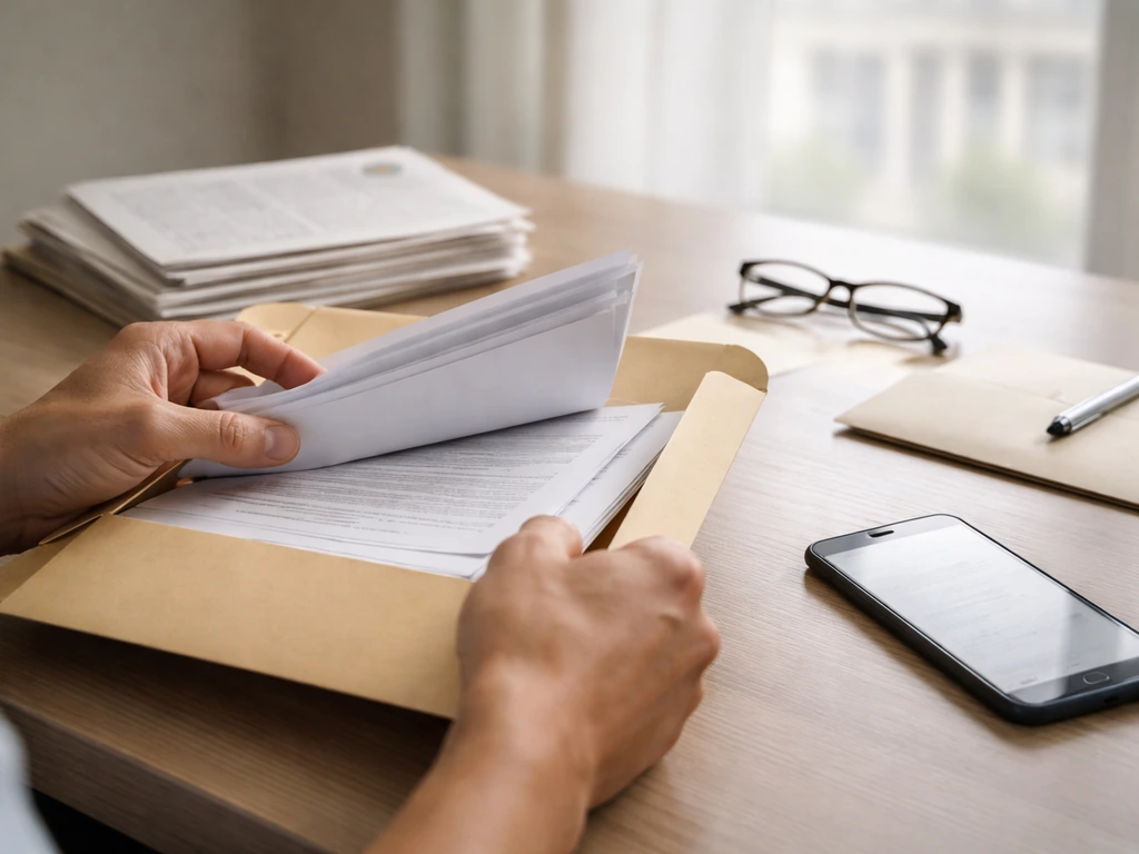 Close-up of hands sorting probate documents in a quiet home office with courthouse cues and a folder