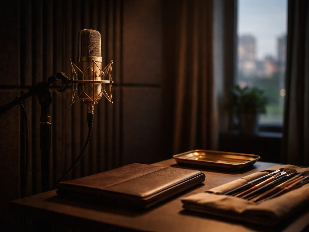 Minimal studio scene with an opera singer–like microphone setup and soft luxury tones