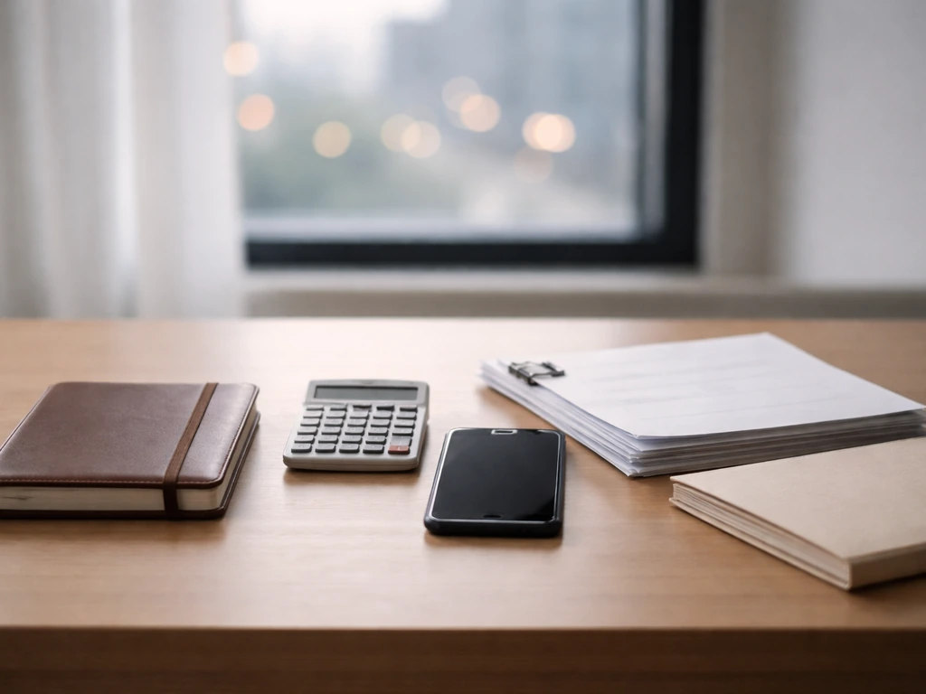 Minimal desk with calculator, documents, notebook, and smartphone suggesting a net worth estimate range.