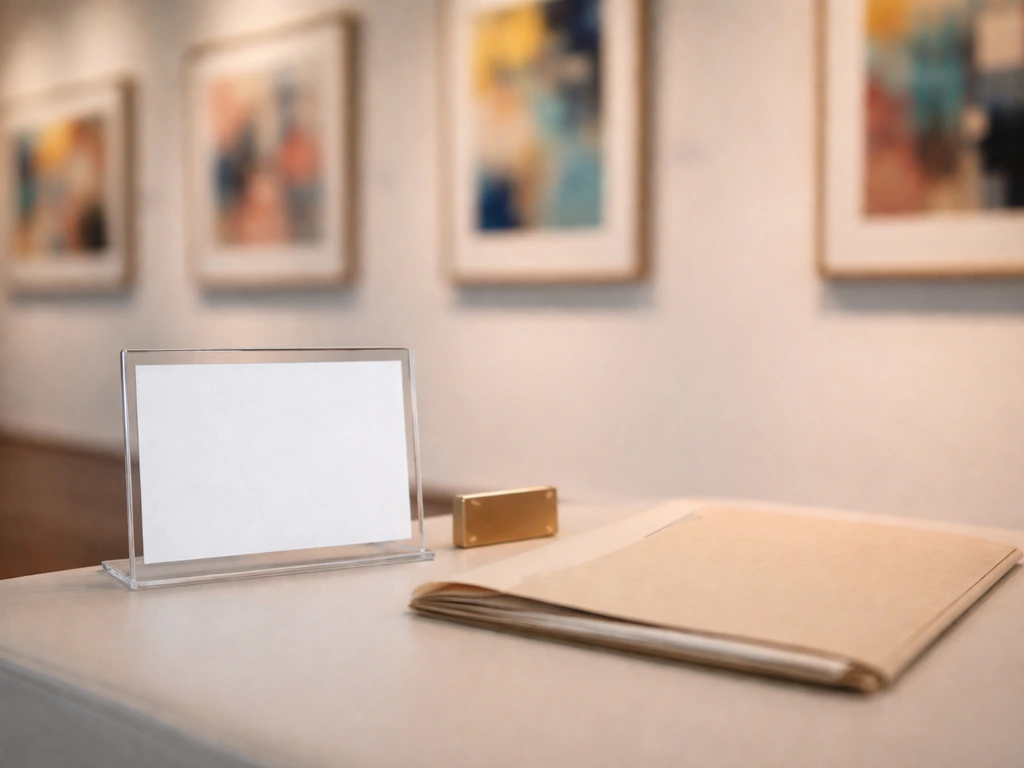 Close-up of framed artwork on a gallery wall with an empty placard holder and sales folder.