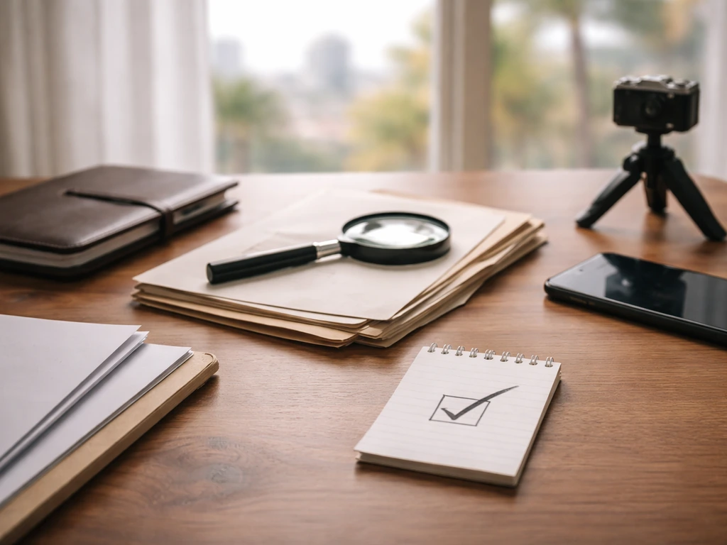 Desk setup with magnifying glass, documents, notebook, and a blank checklist page for self-verification workflow.