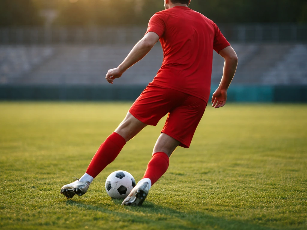 Mexican football match action scene with a generic player in a red jersey on a city pitch.