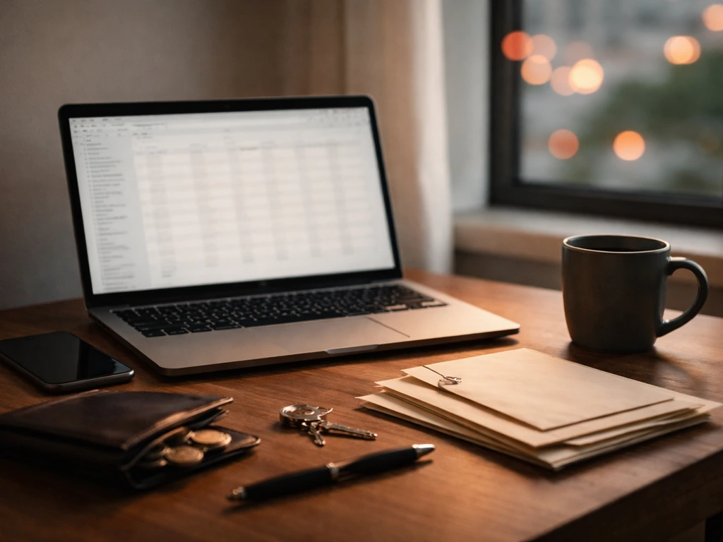 Anonymous person’s home office desk with open laptop, contract envelopes, coins, and a smartphone.