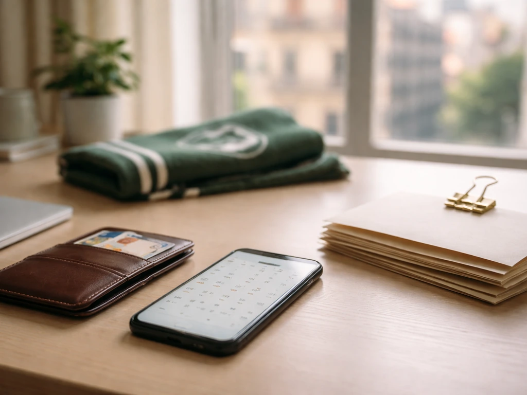 Minimal desk scene with wallet, documents, and blurred phone calendar symbolizing career-finance milestones.