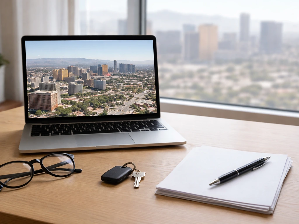 Minimal photo of a modern real-estate desk scene with a small Las Vegas city landmark view on a screen.