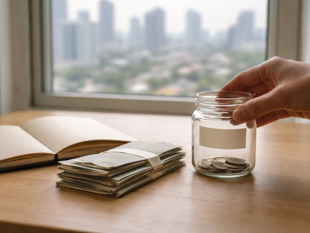 Minimal desk scene with a notepad and cash envelope, suggesting a net worth range without any numbers