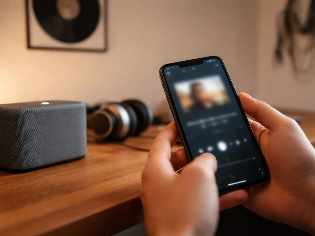 Anonymous hands adjusting a studio music interface while a streaming playlist plays on a smartphone