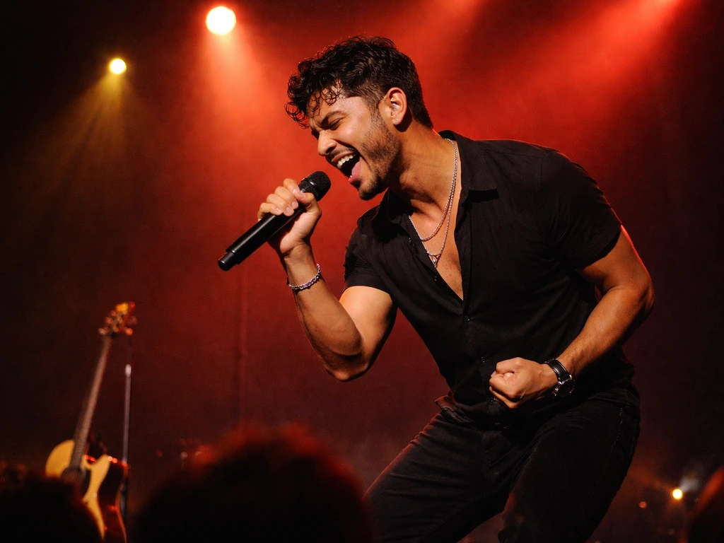 Singer performing onstage under warm lights with a handheld mic and subtle concert crowd bokeh.