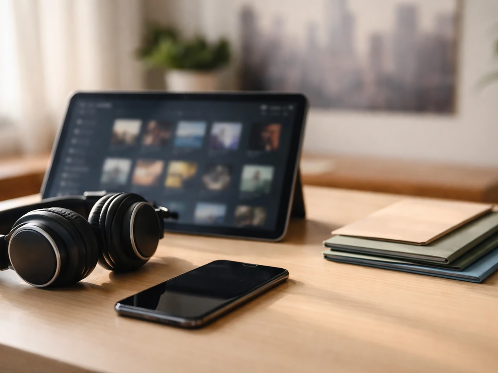 Minimal desk scene with a smartphone showing media and finance icons, suggesting trusted source verification