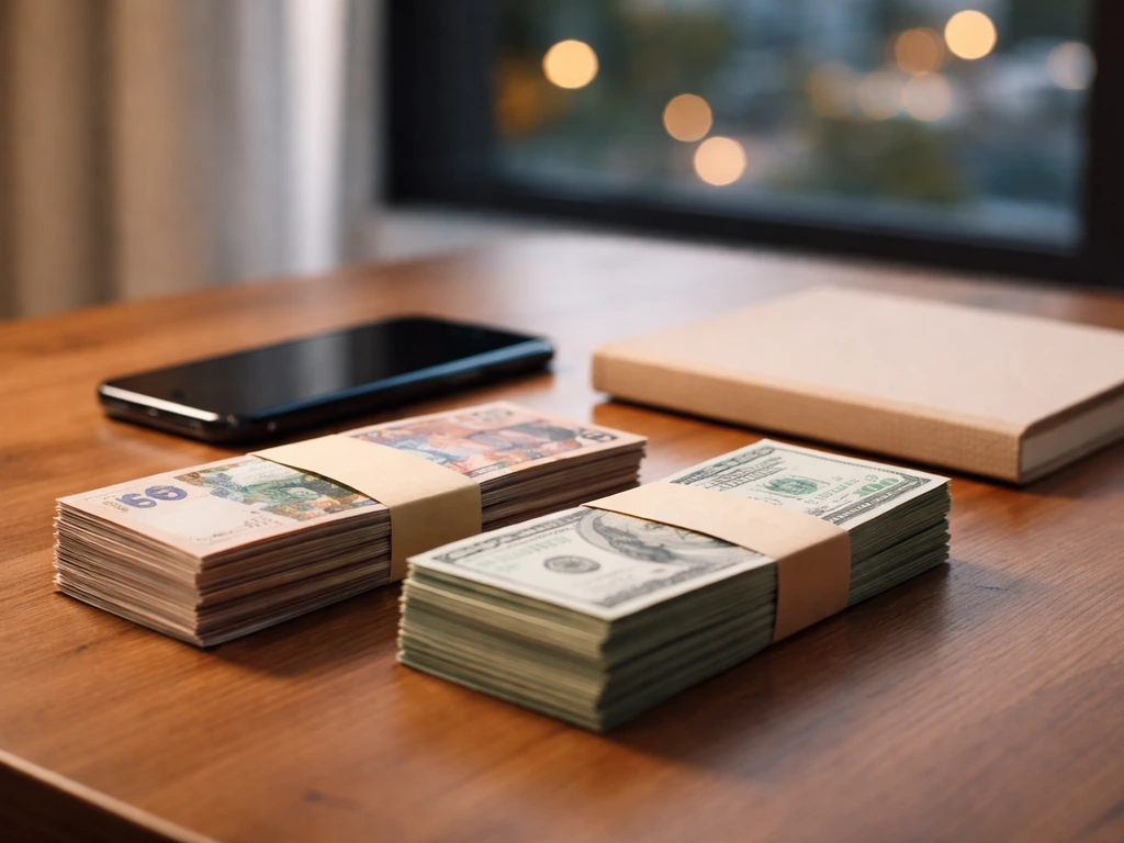 Minimal desk scene with Uruguayan peso and US dollar bills beside a smartphone, symbolizing an announced net-worth figur