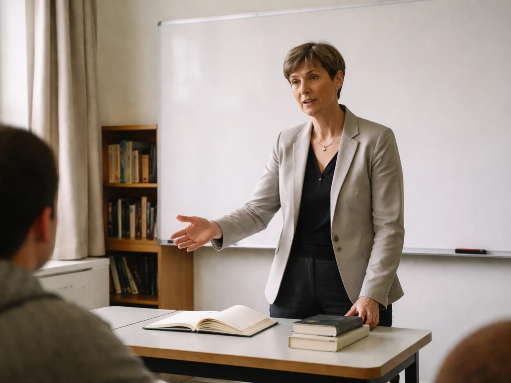 Anonymous historian educator lecturing in a quiet university room with books and an unmarked whiteboard.