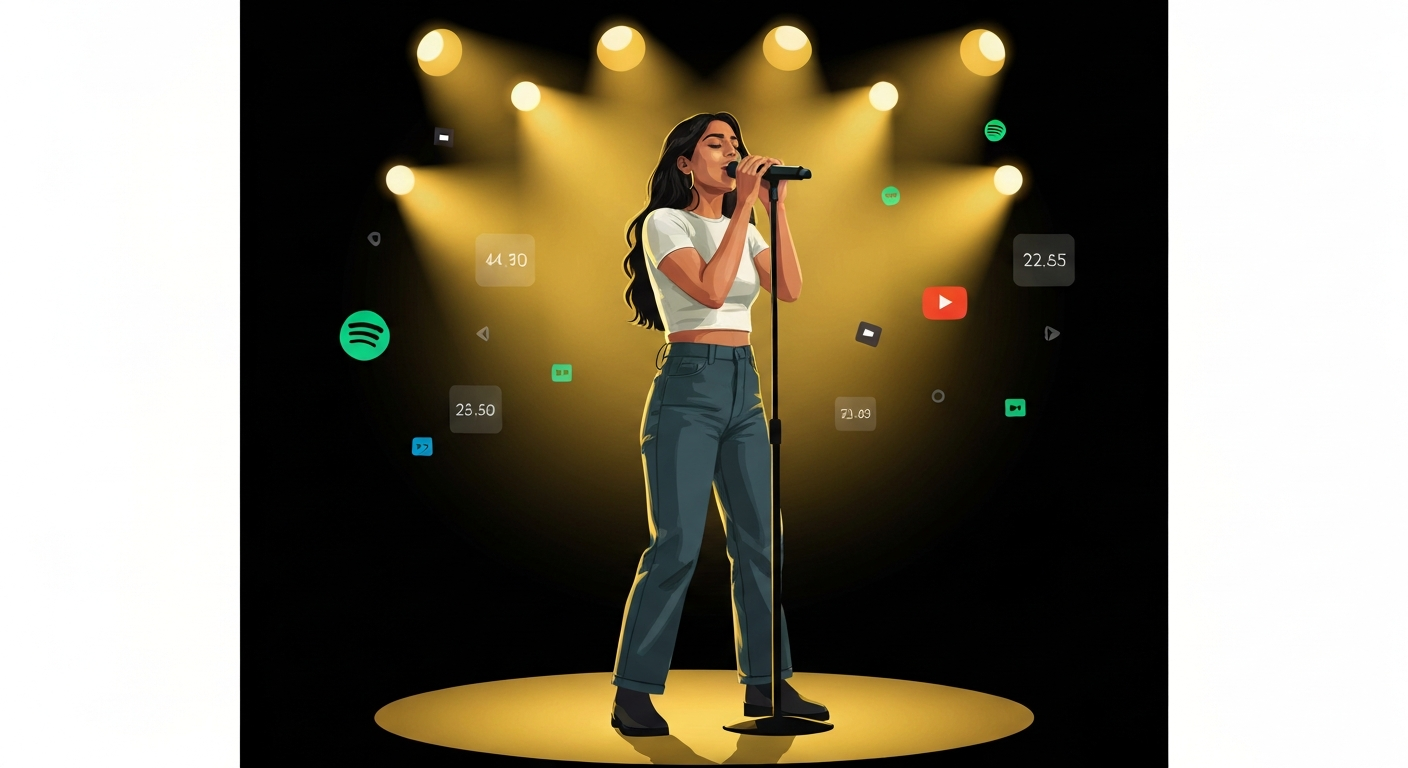 Stylized editorial illustration of a South Asian singer performing on stage with streaming and play-count motifs in the background