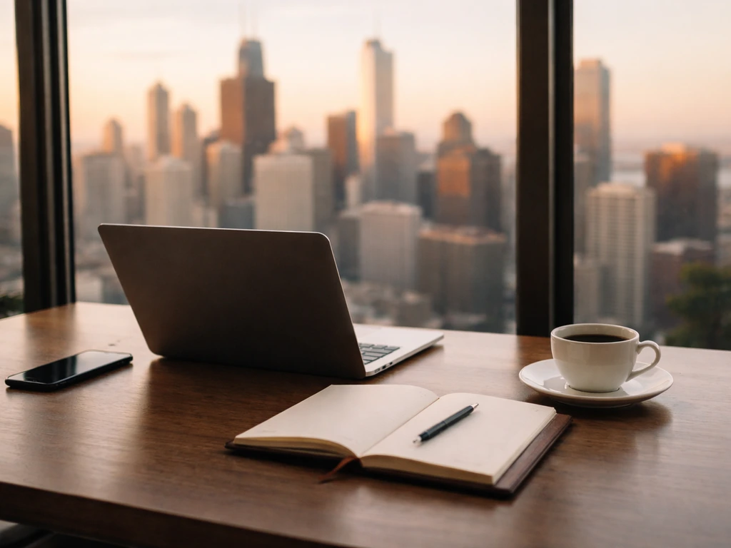 A poised entrepreneur’s workspace with a laptop, notes, and a city skyline view suggesting wealth and earnings analysis.