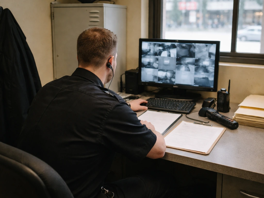 Anonymous dispatch worker at a small desk with security gear in a modest Chicago office.
