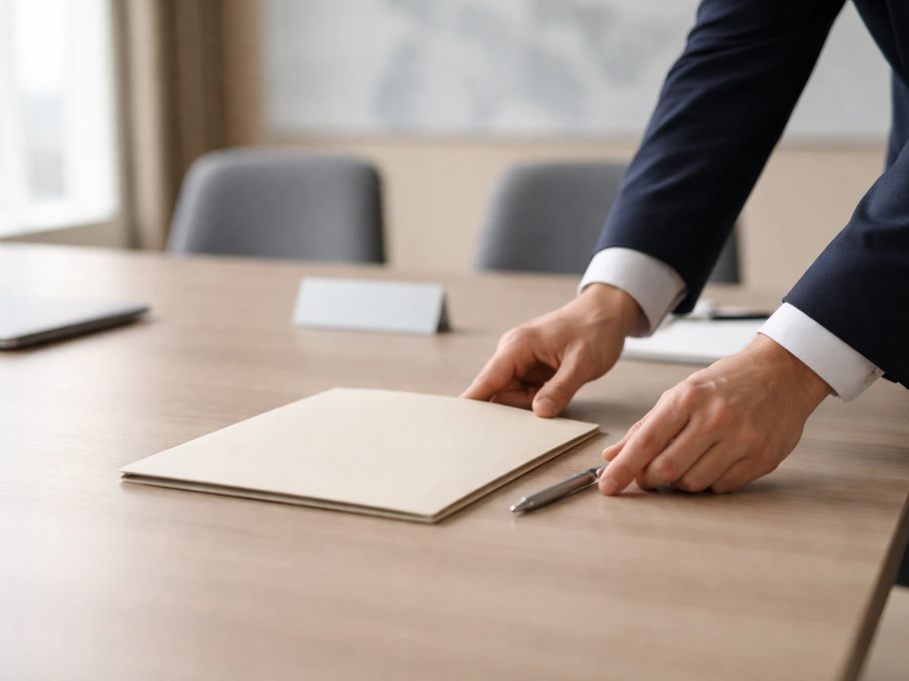 Minimal boardroom scene with a tidy table and paperwork suggesting a leadership transition after a controversy.
