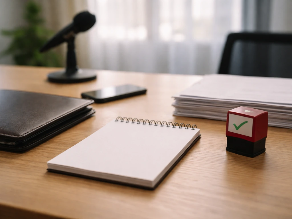 Minimal office desk with documents and a checkmark stamp, symbolizing a private net worth estimate process.