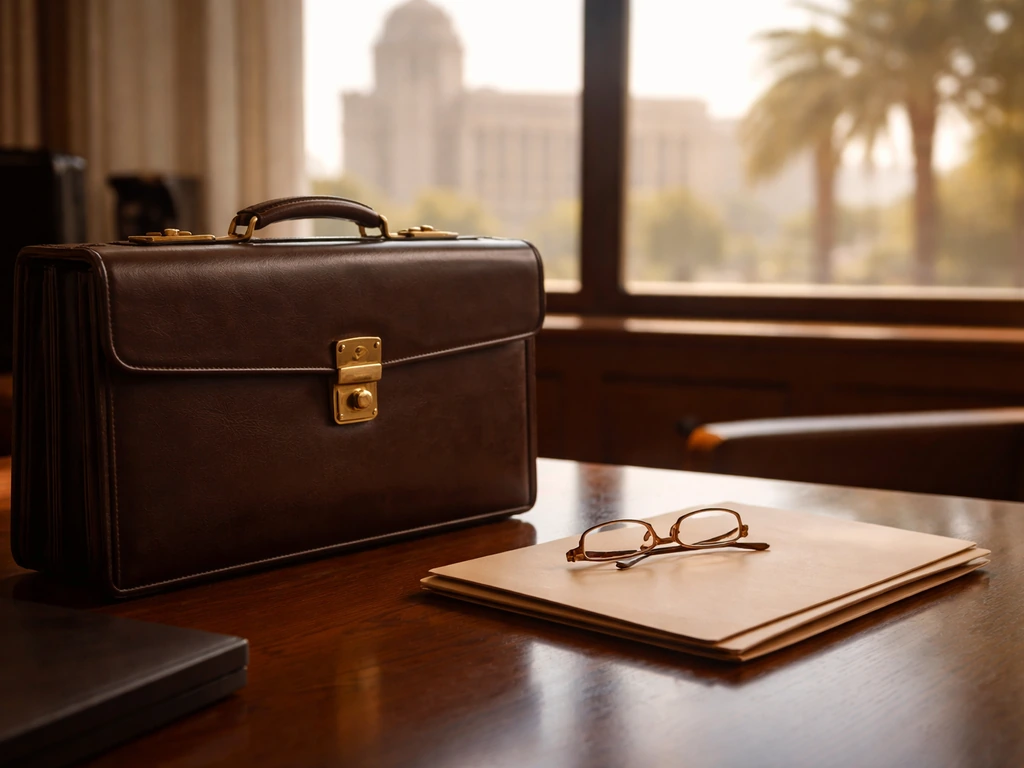 Leather briefcase and legal folder on a lawyer’s desk with courthouse view, symbolizing attorney work and finances.