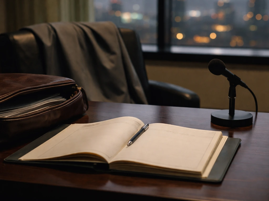 Empty criminal defense office desk with briefcase and open legal file, softly blurred LA city view.