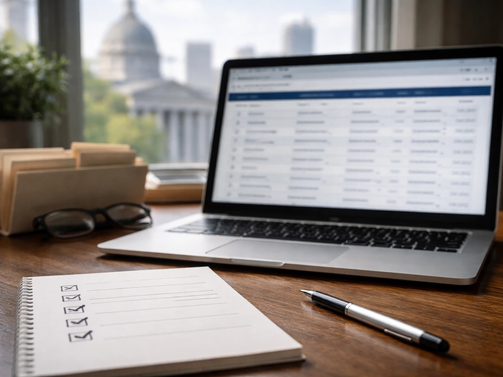 Close-up of a laptop showing blurred public-record search results beside a notepad with finance checkboxes