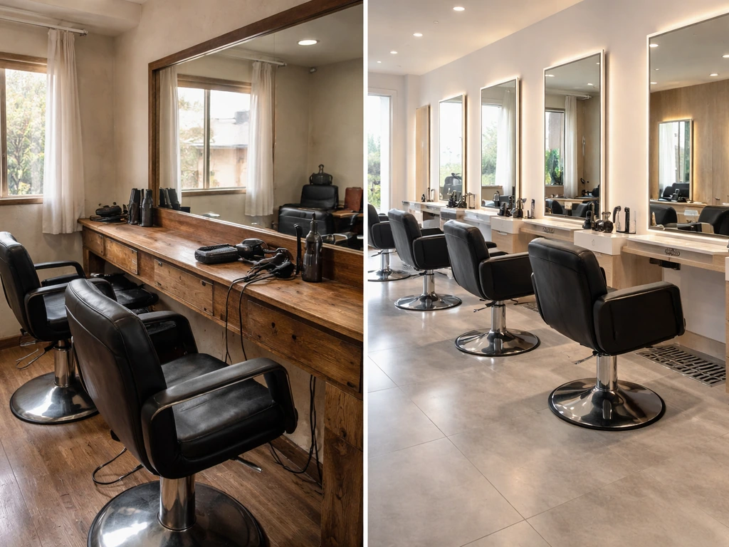 Sunlit small hair salon in Cali with tools, transitioning visually into a larger modern Bogotá-style salon.