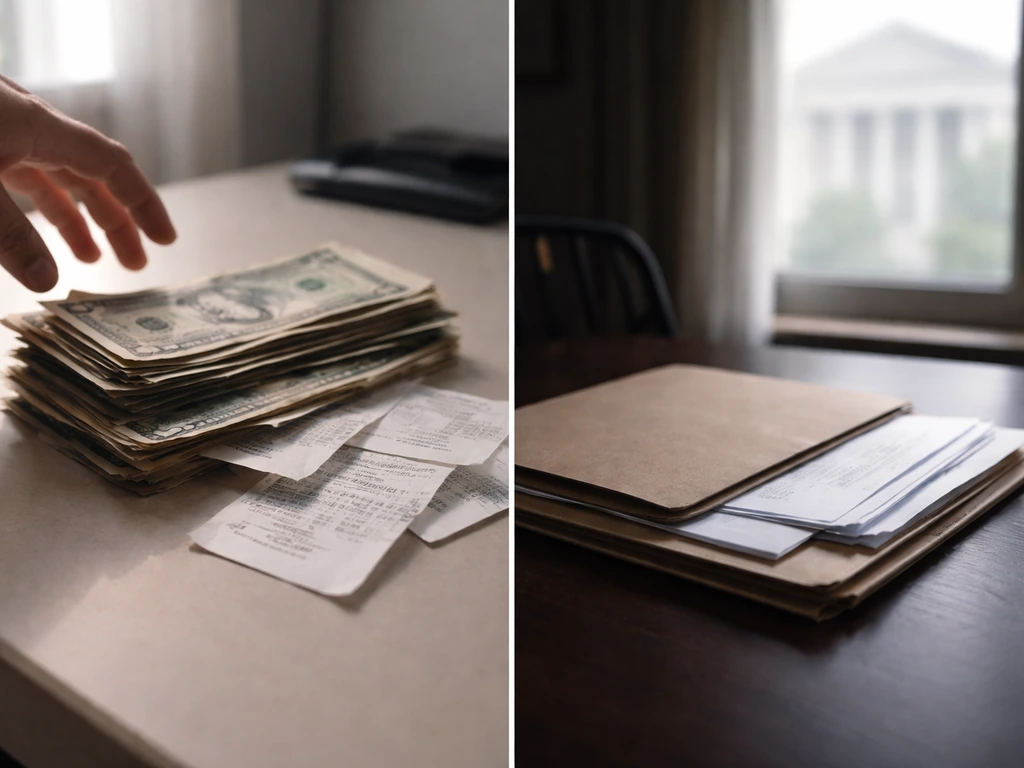 Split desk scene: currency and receipts on one side, legal documents and dim office on the other.