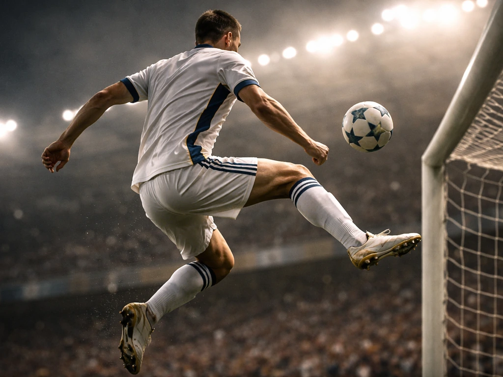 Dramatic action shot of an anonymous soccer player in an MLS-era kit controlling the ball in a quiet stadium.