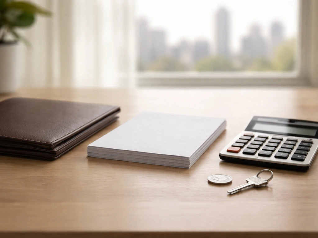 Minimal desk scene showing calculator beside papers and a folder labeled only by color, symbolizing assets and liabiliti