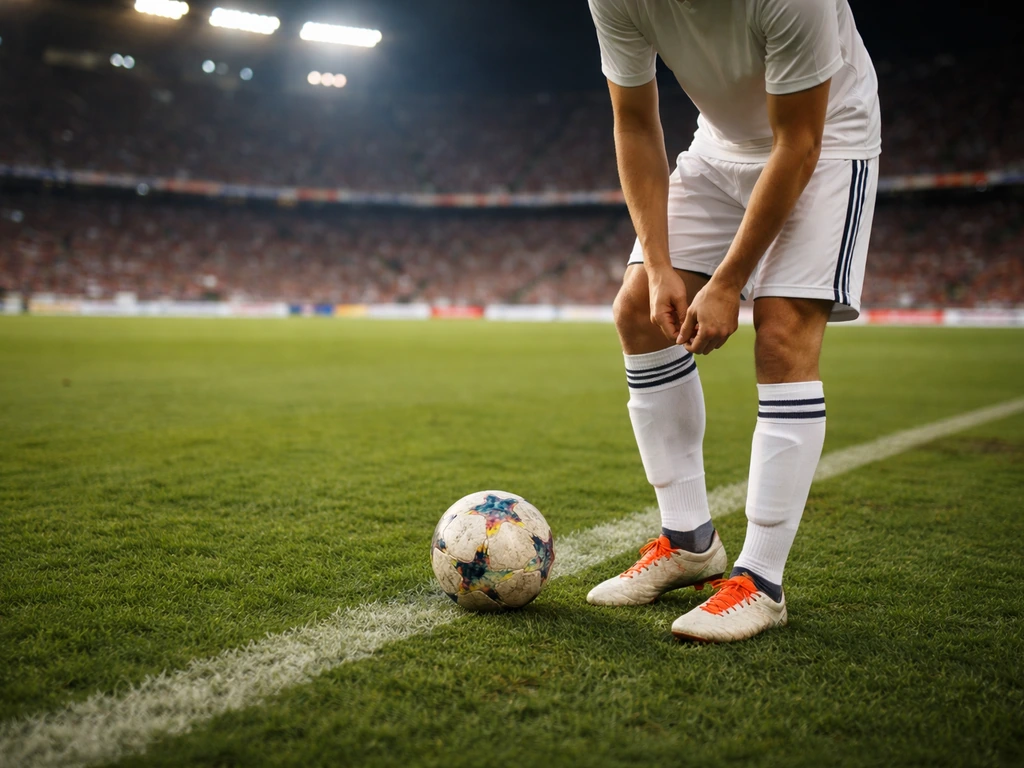 Anonymous soccer player near the touchline with a ball, stadium softly blurred in the background.