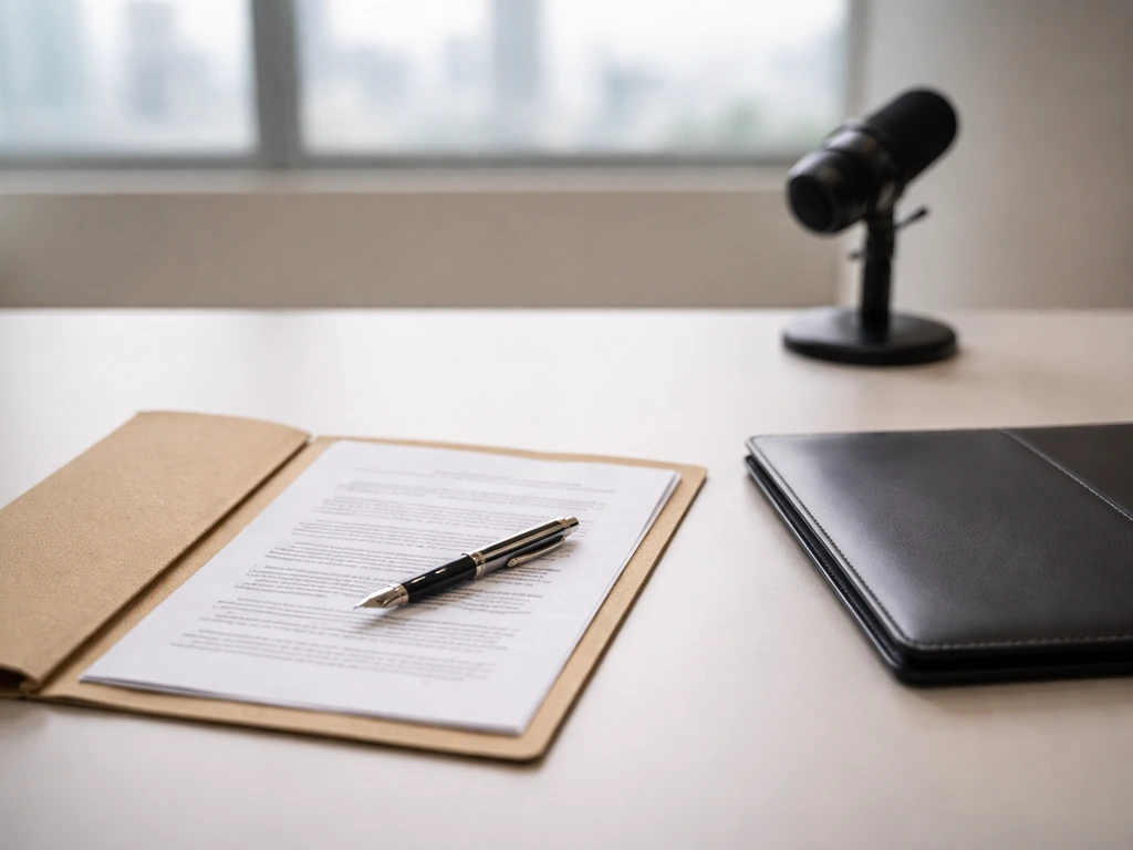 Minimal photo of a baseball contract folder and a pen on a tidy desk with softly blurred financial-themed background.