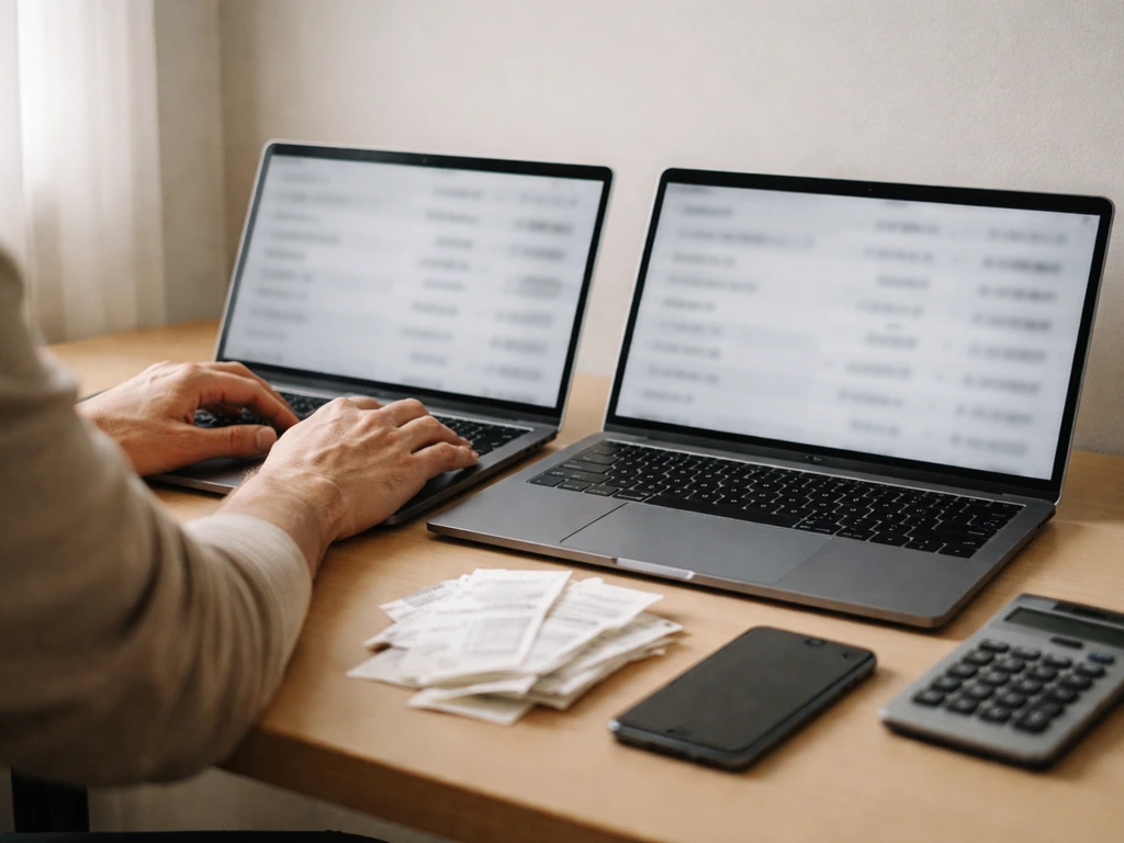 Minimal office scene with two open laptops showing mismatched financial numbers visually represented by blurred reflecti