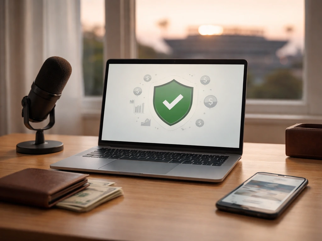 Anonymous desk scene with laptop, microphone, wallet, and blurred news background symbolizing net-worth verification